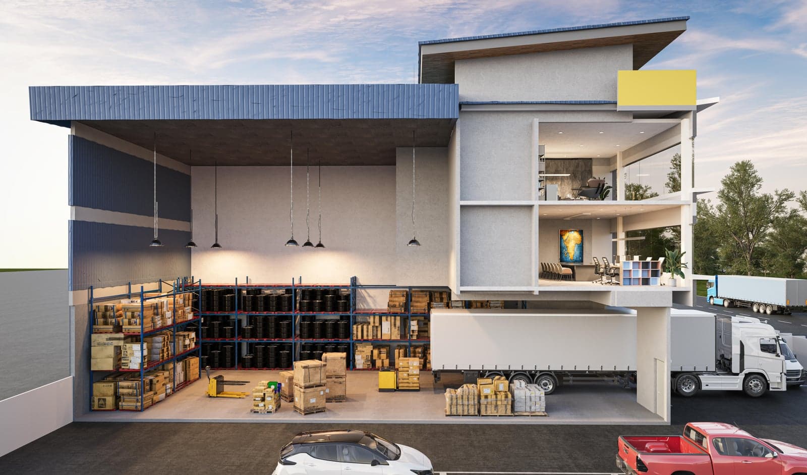 Cutaway of a factory: double-volume production floor with stacked office floors (artist's impression)