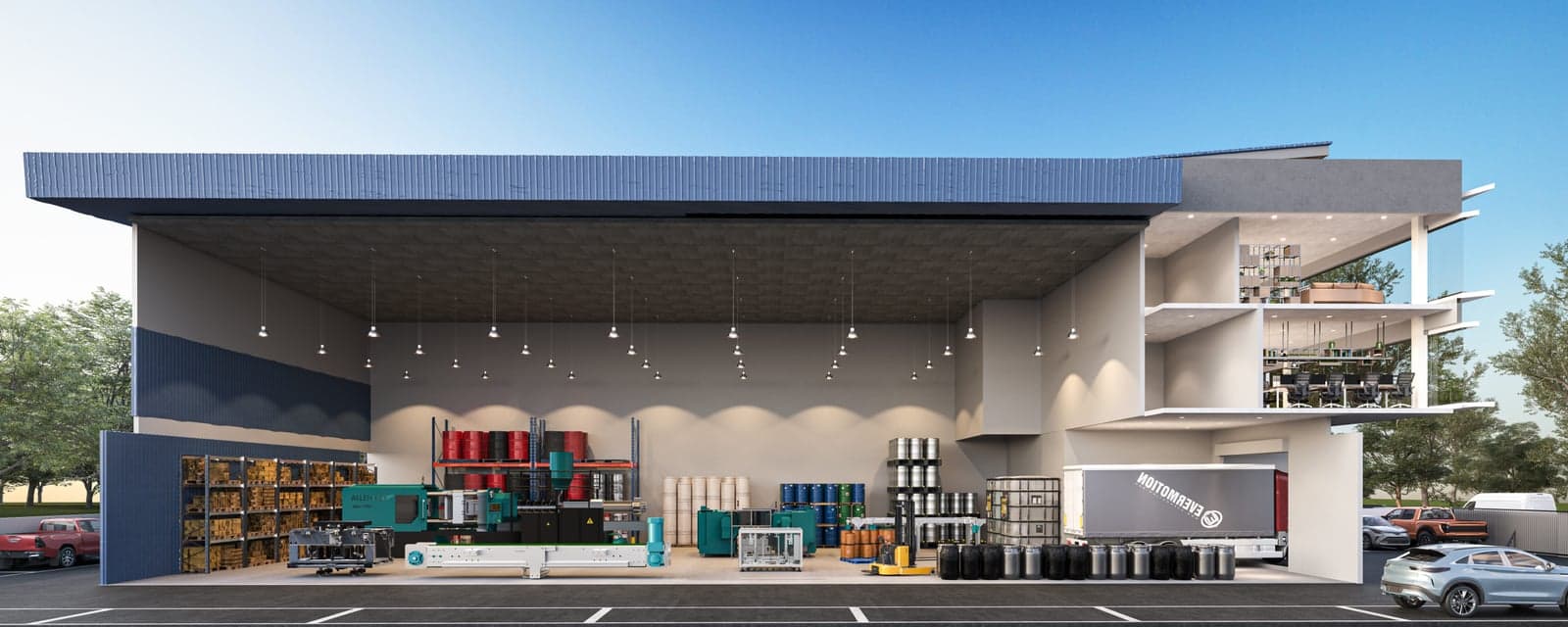 Cutaway of a factory: high-ceiling production and warehouse floor (artist's impression)